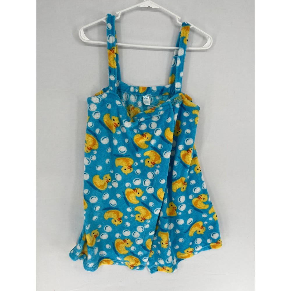 Free Play Rubber Duck Spa Wrap Blue Plush Fleece Shower Robe Straps Medium